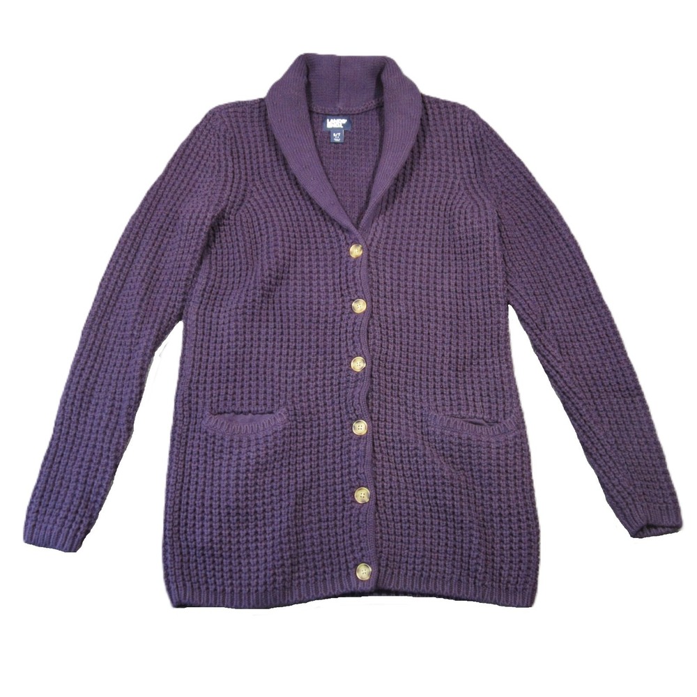 Lands End Waffle Knit Cardigan‎ S Purple Chunky Button Front Shawl Dark Academia